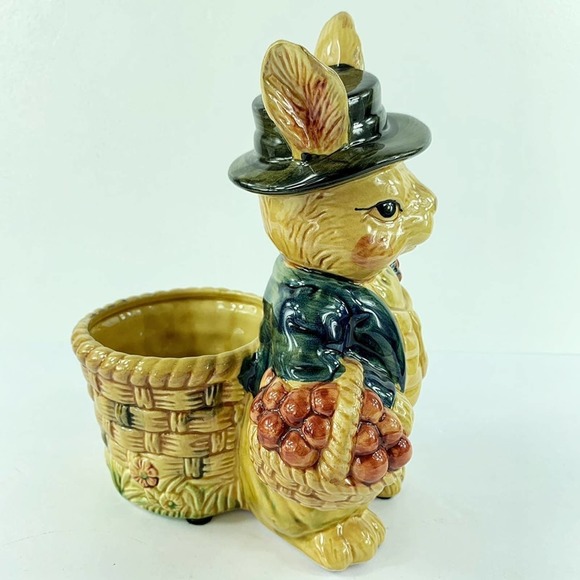Rabbit With Basket And Top Hat Home Decor, 10" Tall, 8" Deep, 6" Wide, Yellow - Picture 3 of 6